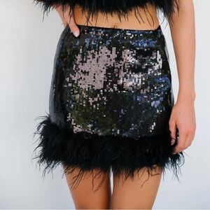 12th Tribe Black Sequin Mini Skirt with Feather Trim